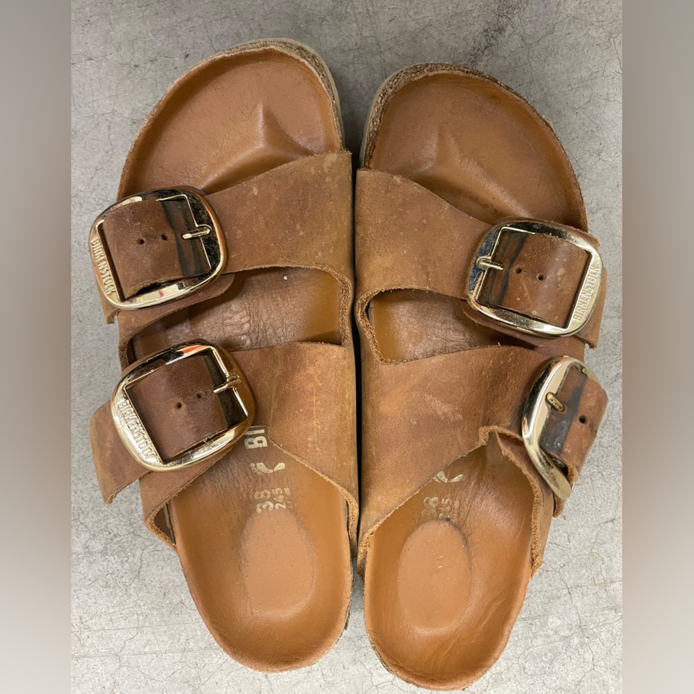 Birkenstock Brown Suede Two-Strap Sandals with Gold Buckles
